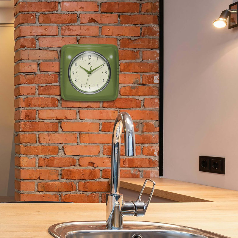 Square Retro Wall Clock, Olive Green, 9.25"