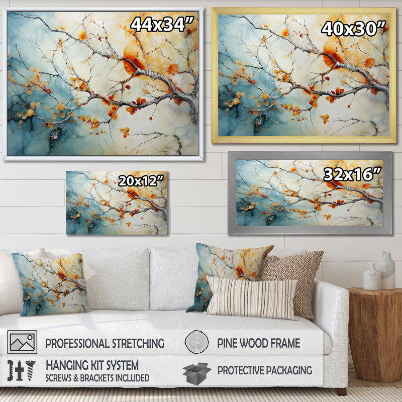 Orange, bleu sarcelle, érable brillant, agate I - arbre érable, art mural, Cadre doré simple, H 30 po x l 40 po x P 1,5 po