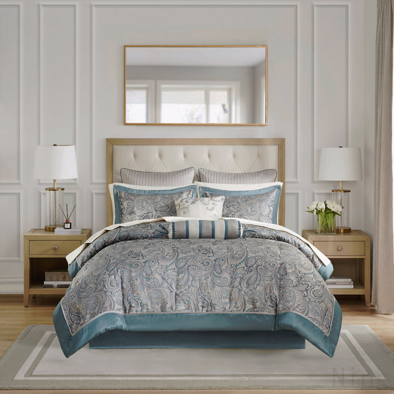 Ensemble d'édredon 12 pièces avec draps en coton Teal King