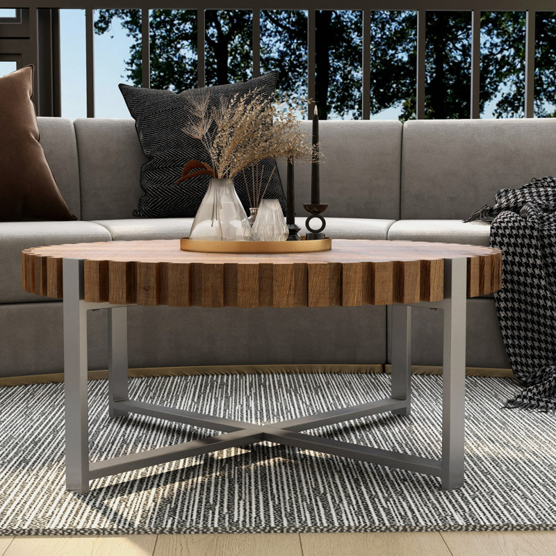Table basse de salon 31,4 po en forme de tambour fait à la main en forme de tambour, table basse en bois F Smith, table basse à base robuste