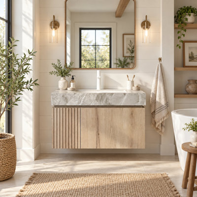 Meuble-lavabo moderne avec lavabo simple brillant, plateau de table en pierre frittée avec jolis armoires en bois, pré-assemblé