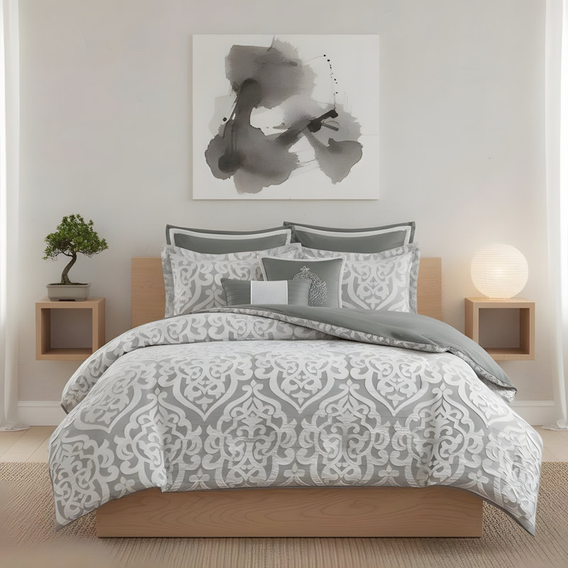 Polyester Jacquard Comforter 8 Piece Set, California King Comforter + 7 Additional Pieces, Silver