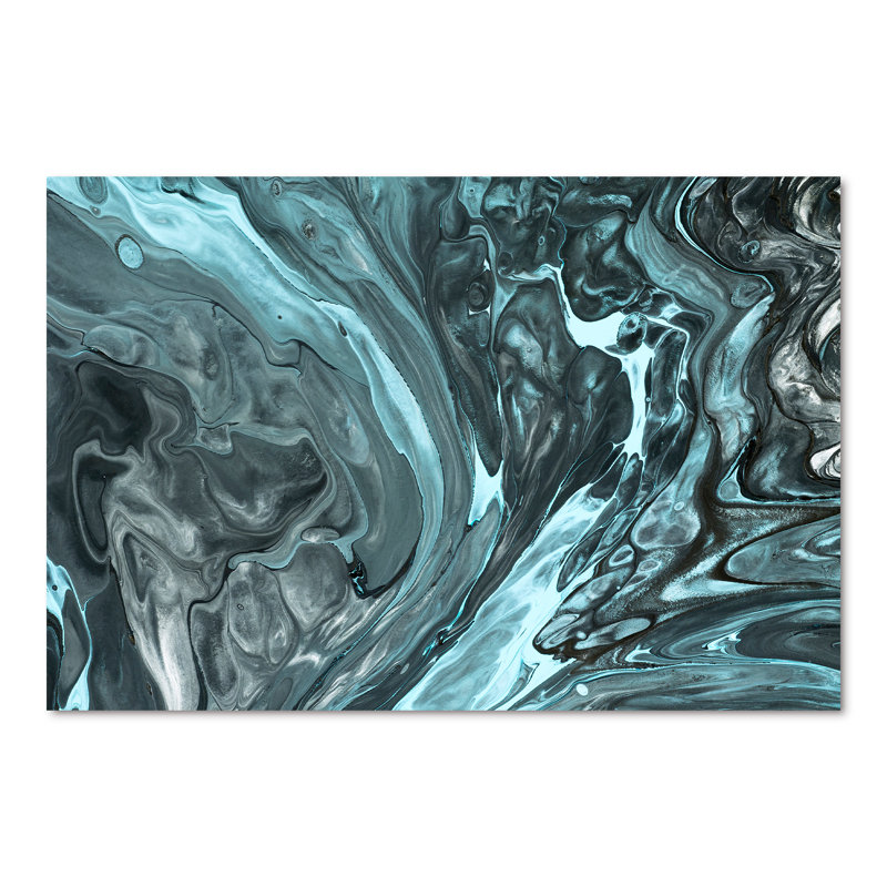 Art gris et turquoise liquide - peinture sur toile, H 40 po x l 60 po x P 1,5 po, Toile tendue