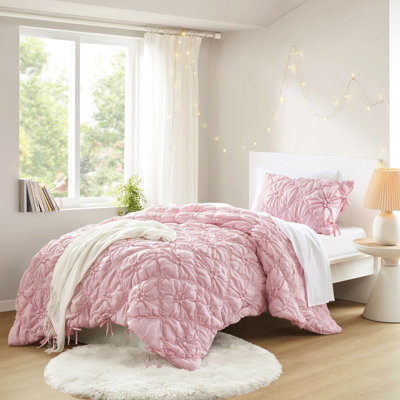 Couette double 2 pièces, motifs floraux et fronces élastiques, microfibre douce comme un nuage, chaleur légère toute l'année, sûre et adaptable, lavable à la machine, 2 pièces avec décoration à nouer.