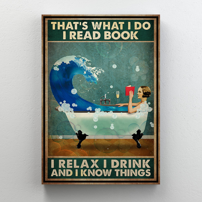 Girl - I Read Book, I Drink Gallery, toile tendue - décor d'illustration de salle de bain et de lessive, décor de salle de bain vert et bleu