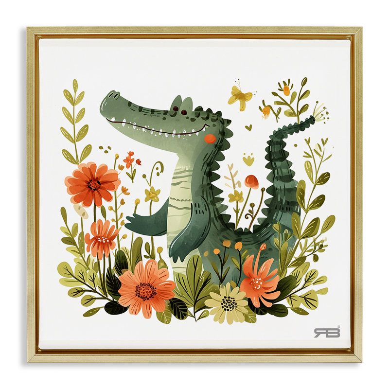 «Floral Happy Alligator», art mural encadré par Roozbeh Bahramali, H 18 po x l 18 po, Cadre flottant métallique doré