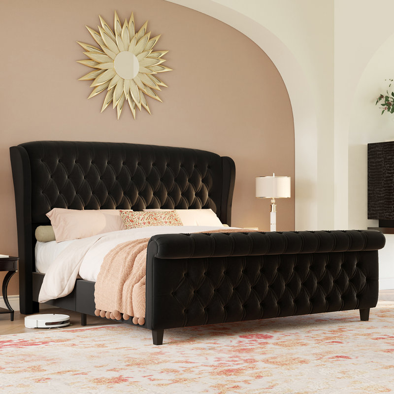 Queen Size Black Velvet Upholstered Tufted Sleigh Bed Frame