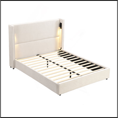 Upholstered Bed Frame With High Wingback Headboard,Reading Lamp And USB Port
