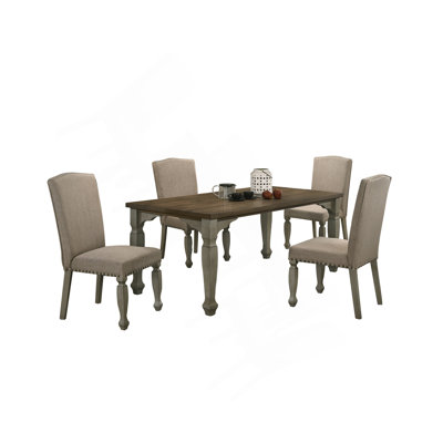 Antique Gray And Dark Oak Finished Wood Dining Set, Table With Four Chairs