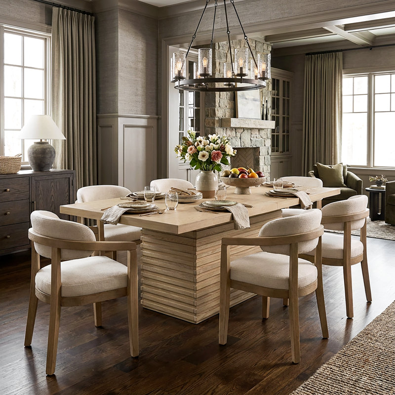 Avelin Contemporary Rubberwood 7-Piece Dining Set With Ergonomic Arm Chairs, Light Ash, Beige/Light Ash