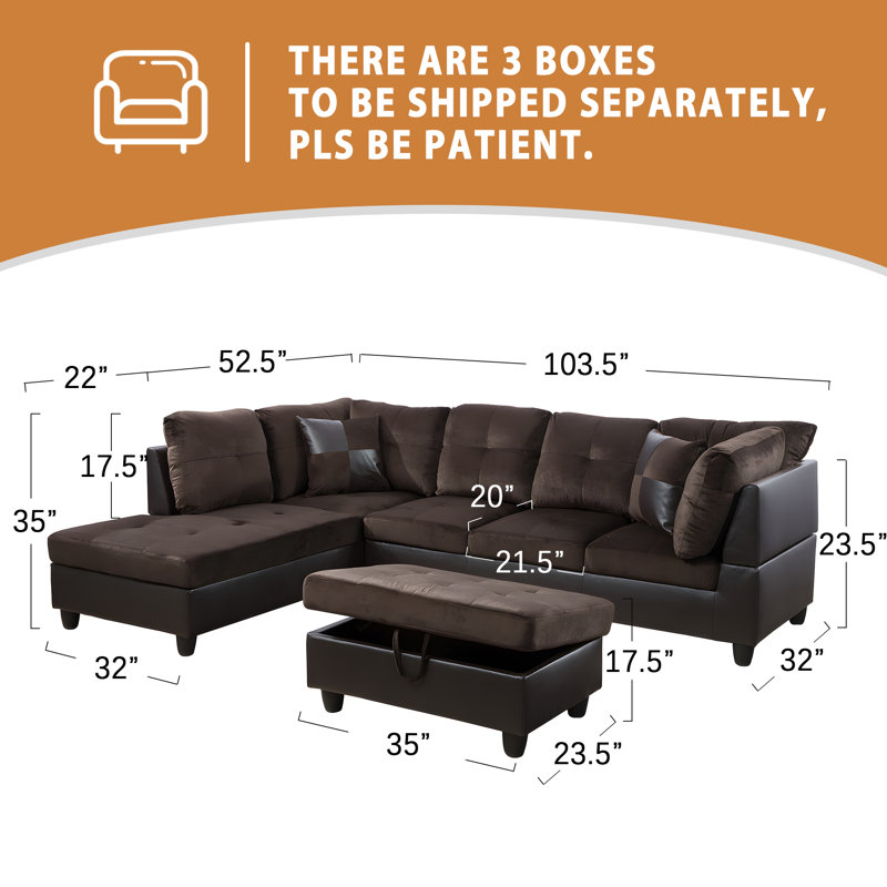 Modern Upholstery Sectional Sofa L-Shape Sofa Convertible PVC Couch Sofa with Ottoman Chaise, Dark Brown Linen Blend