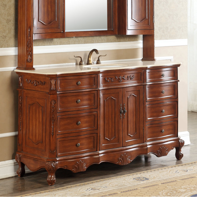 60'' Single Bathroom Vanity with Marble Top, Teak