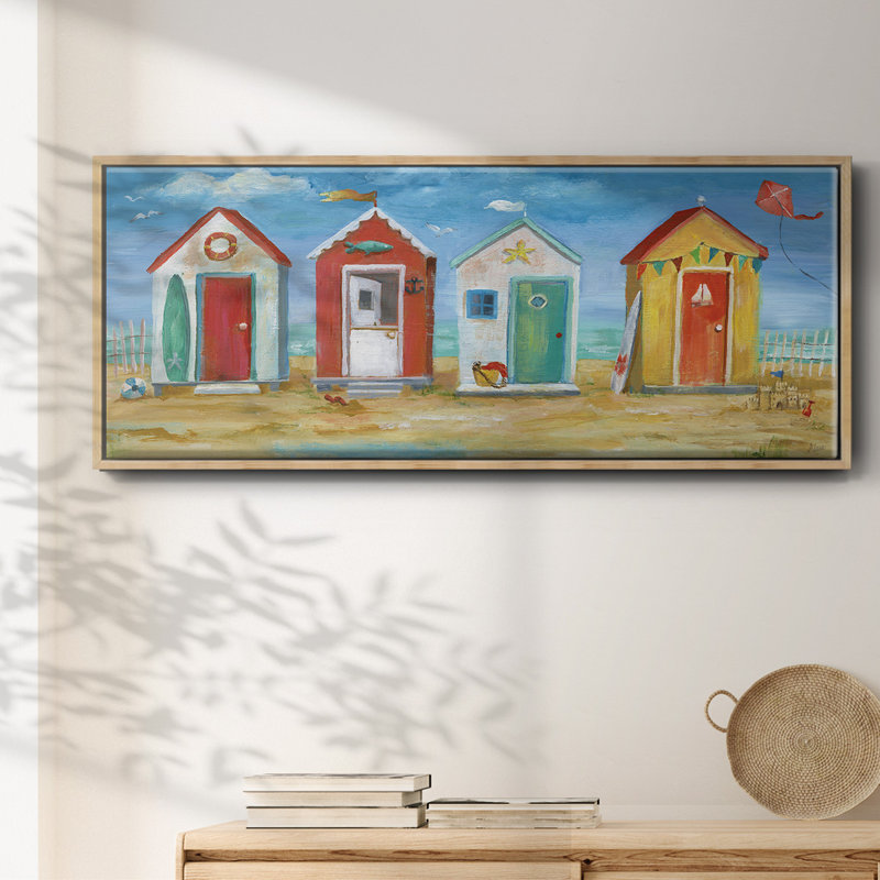 Bright Beach Huts- Framed Canvas, 20" H x 50" W