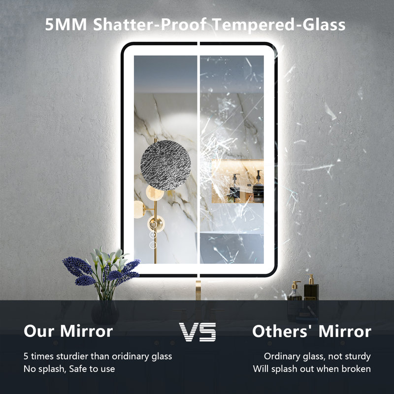 Hyosvany Matte Black Matel Framed LED Vanity Mirror with Front-lit and Back-lit, Memory Function, 3 Color Temperatures, Dimmable Light & Anti-fog Tempered Glass Mirror