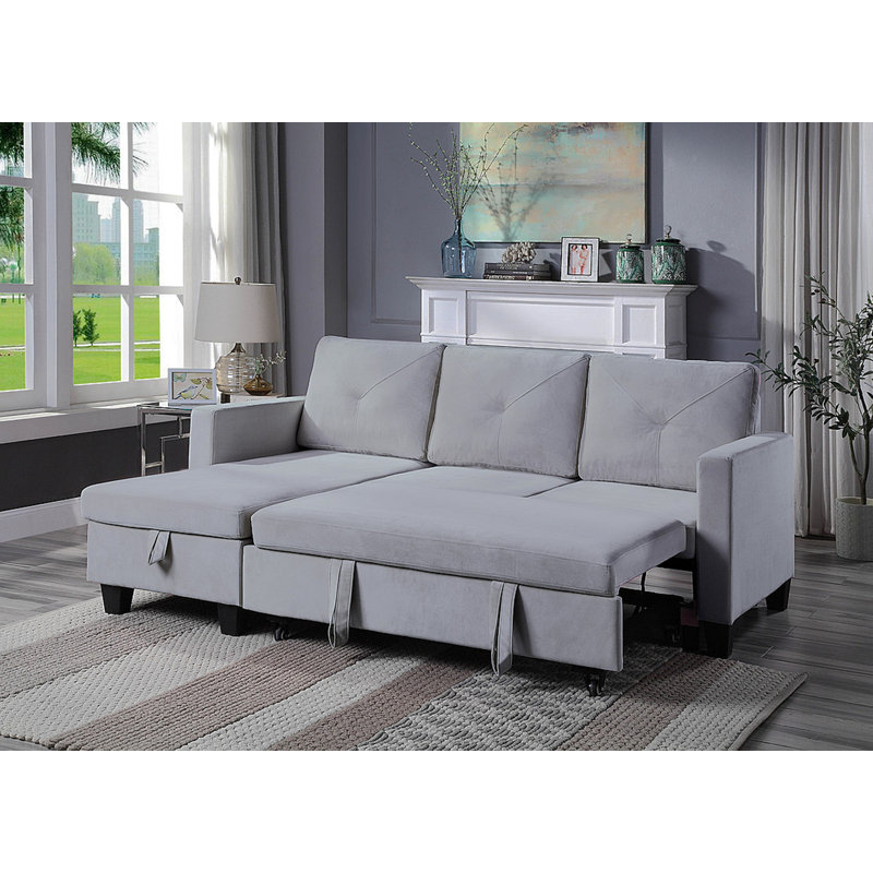 Canapé-lit modulaire réversible en velours gris clair de 82,5 po avec méridienne Nova, Velours gris clair