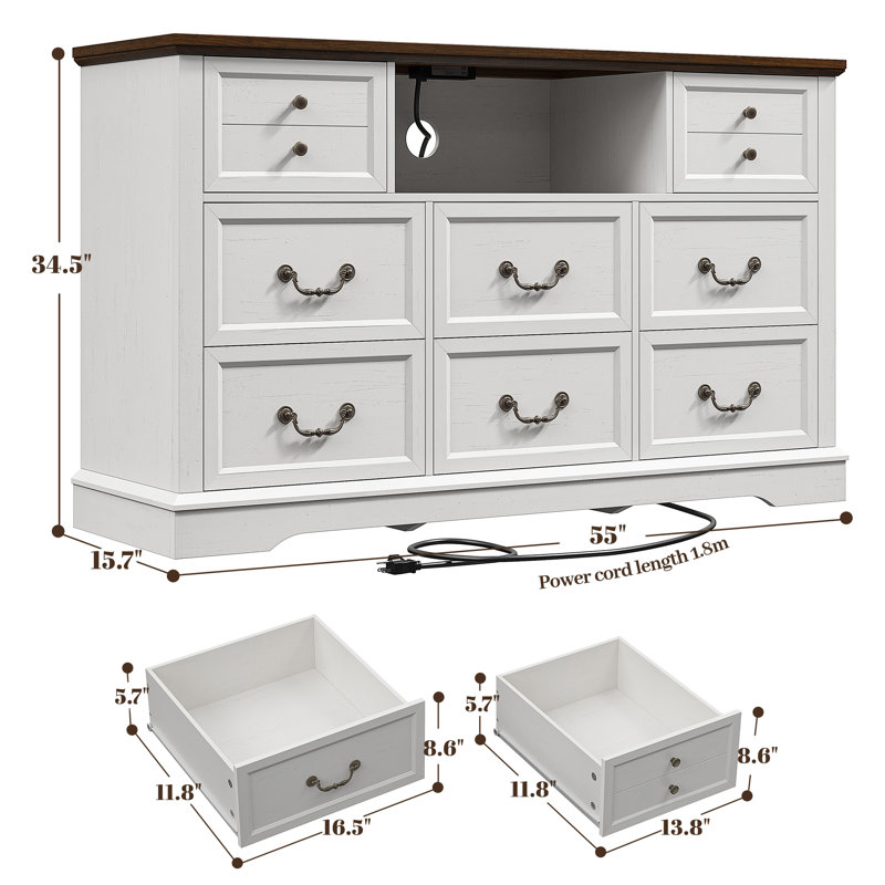 Dresser For Bedroom With 8 Drawers, Wood Bedroom Dressers With Led Light And Charging Station, Brown/Antique White