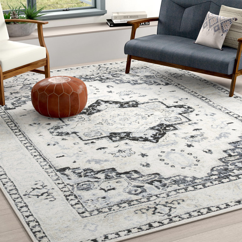 Ebner Oriental Ivory/Black Area Rug, Rectangle 6' x 9'