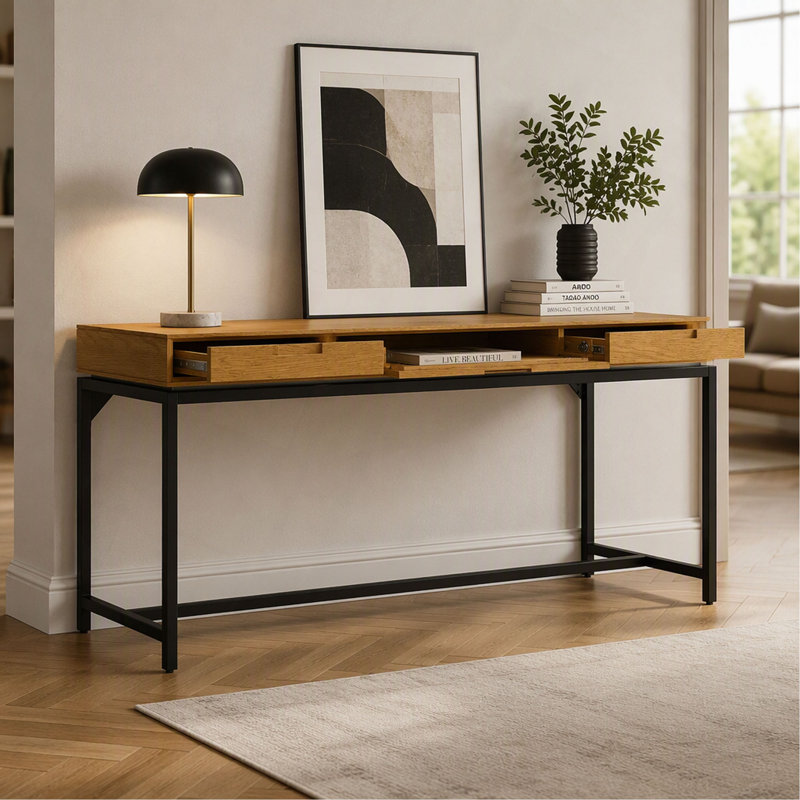 Bureau large Argyle de style Mid-Century en bois massif plaqué chêne, 183 cm de large