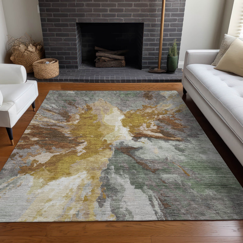 Machine Washable Indoor/Outdoor Claudian ACN1632 Gold Rug, Rectangle 5' x 7'6"