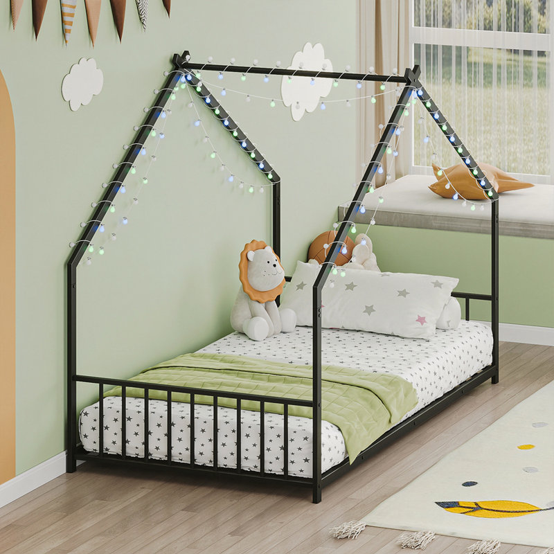 Children's Bed Frame with LED Light Strips, Sturdy Roof-Shaped Iron Frame for Safe and Fun Sleeping, Black, Twin