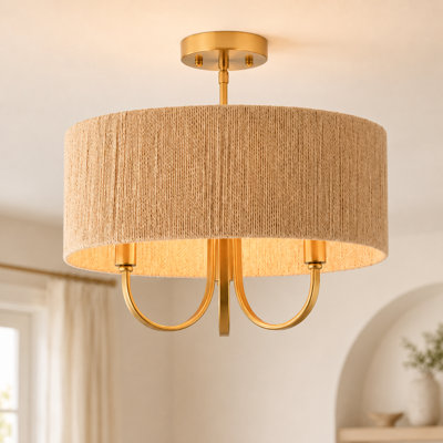 Stephane 3-Lights 17.71 "Gold + Wood Premium Vintage Drum Semi Flush Mount with Fabric Accent Suitable for Living Room/Bedroom