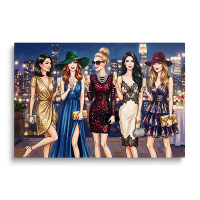 Five Women Rooftop Party Painting Print on Canvas - 20x30"