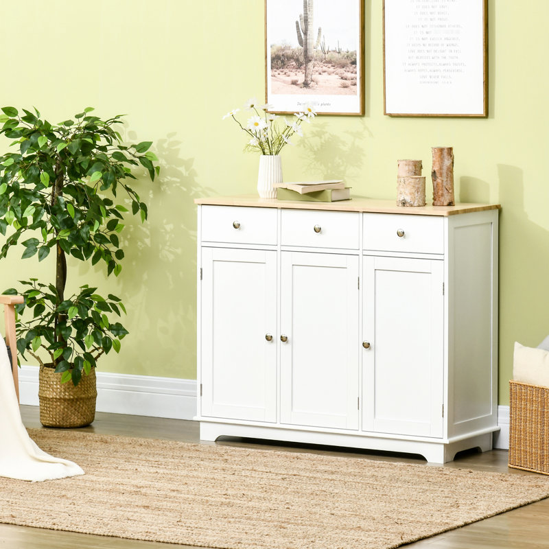Buffet avec 3 tiroirs, portes, tablette réglable et comptoir en bois massif pour un rangement compact dans la cuisine, armoire de cuisine blanche moderne