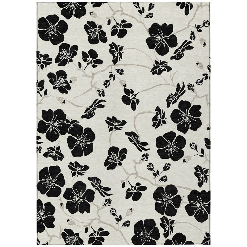 Ivory and Black Floral Synthetic Washable Rectangular Rug