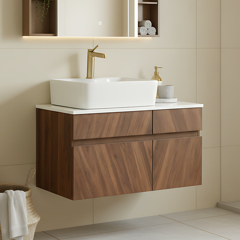 31.5'' Wall-mounted Single Bathroom Vanity With Faux Marble Countertop , Modern Walnut Wood Floating Bathroom Cabinet With Ceramic Basin Sink