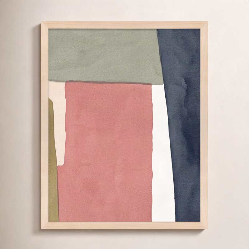 Art mural rose chaud et indigo, H 25 po x l 20 po x P 1,25 po, Papier avec cadre brun