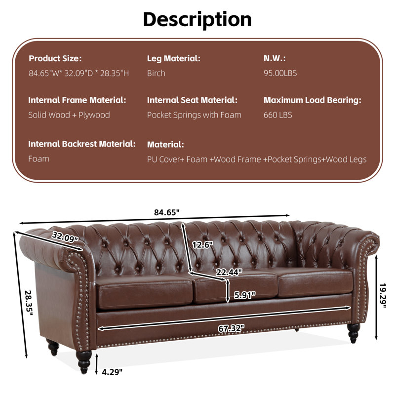 Annalena 84.65'' Faux Leather Sofa, Dark Brown Faux Leather