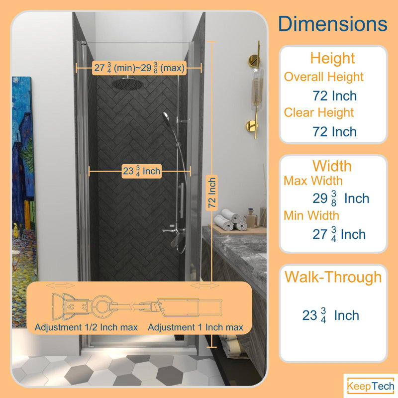 Porte de douche sans cadre KeepTech 28 x 72 po, l 28-29,5 po x H 72 po, verre trempé transparent de 1/4 po (6 mm), portes de douche pivotantes à panneau pivotant, installation réversible, certification ANSI, style roulettes