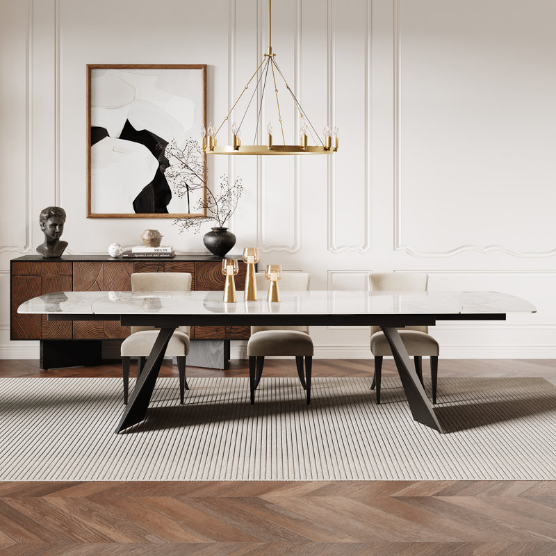 Table de salle à manger extensible 78,8 po à 110,2 po Moiser pour 10-12 avec plateau en pierre frittée, Chanel brillant
