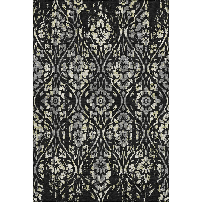 Premium Machine Washable Prisco Black Rug, Rectangle 5' x 7'6"