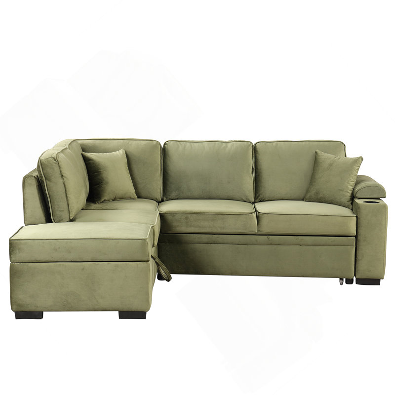 Canapé-lit modulaire en forme de L avec repose-pieds avec rangement, Velours vert