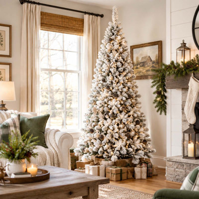 Sapin de Noël artificiel floqué de 2,4 m (8 pi) avec 1445 branches, recouvert de neige, avec branches réalistes en PVC, structure articulée et support métallique robuste pour la décoration de Noël.
