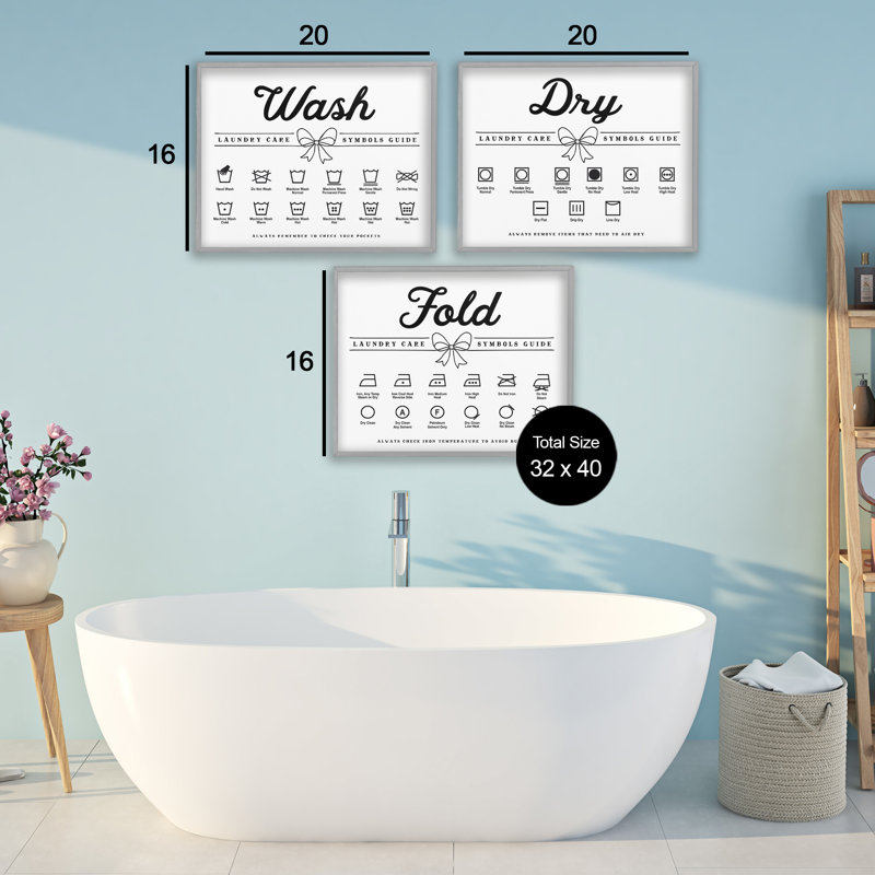 «Wash Laundry Symbols Bow Accent», ensemble de 3 giclées encadrées, design par lettré et doublé, Estampe numérique Farmhouse
