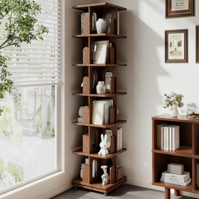 Bibliothèque rotative ouverte à 6 niveaux avec roulettes, étagère de rangement sur pied autoportante