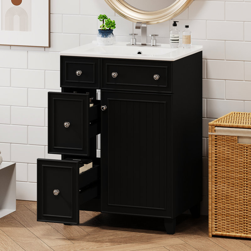 Meuble-lavabo de 24 pouces - Lavabo en céramique et construction moderne de qualité, Noir / argenté
