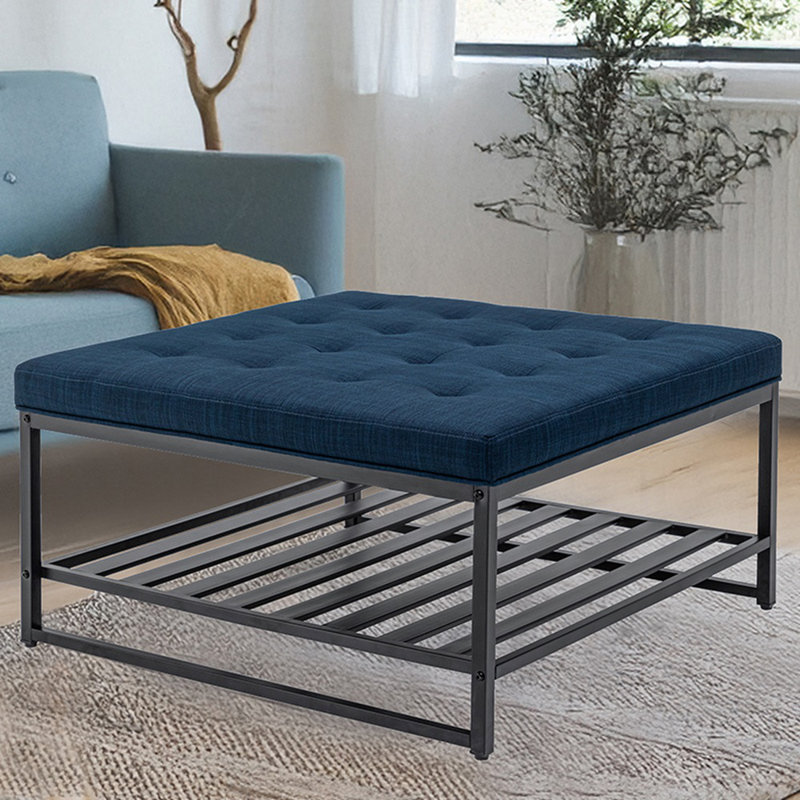 Macaire Coffee Tables, Modern Upholstered Tufted Center Table with Metal Shelf, Square Coffee Tables, Navy