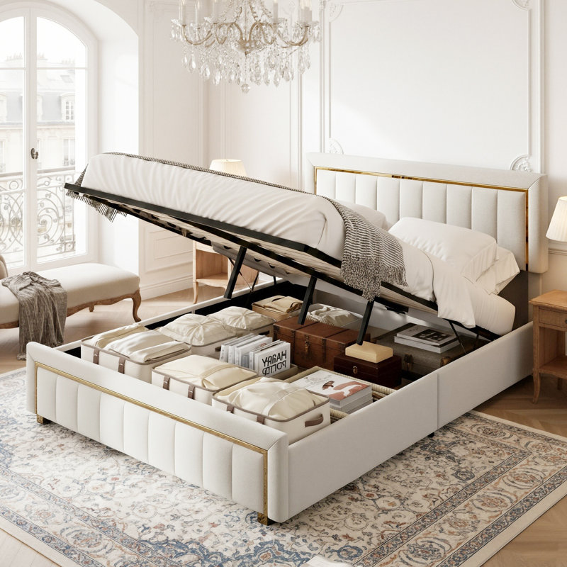 Velvet Ottoman Bed, Glam Upholstered Storage Frame With Trim, European King (160 x 200 cm), Beige