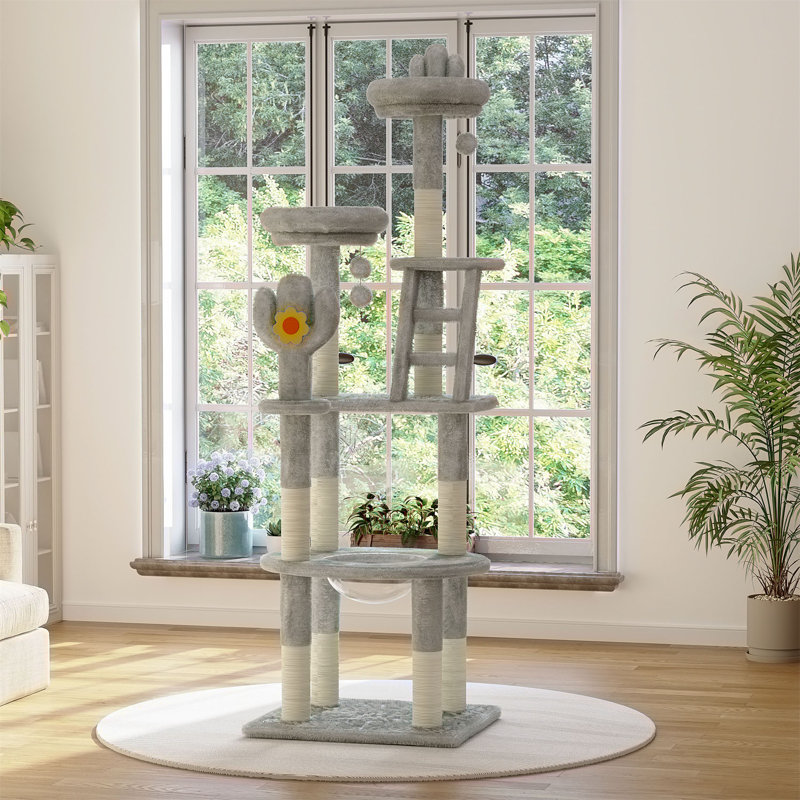 Grand arbre à chat avec tourelle à chat transparente, poteaux à griffer en sisal, perchoirs moelleux et jouets interactifs