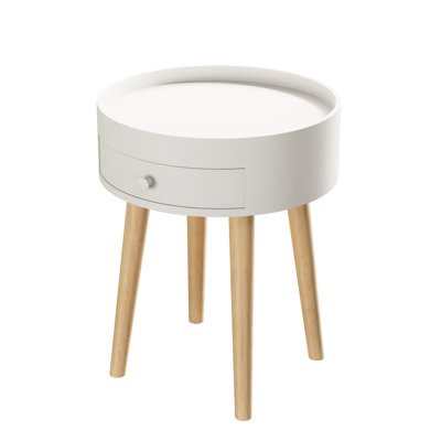 White Nightstand With Strong Oak Legs, 18"h Bedside Table Drawer For Bedroom Living Room, Artistic Design Coffee Drawer, Legs Fine Material