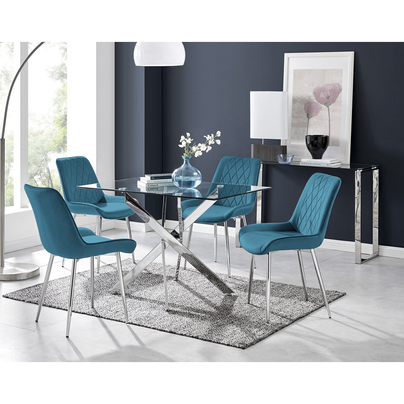 5-Piece Rectangular Glass Top Dining Set with Velvet Chairs, Blue/Silver