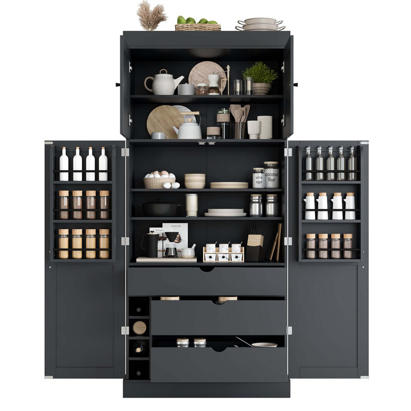 Garde-manger autoportant de 77 po de hauteur avec tablettes réglables, tablettes de porte, tiroirs et supports à vin, Grey