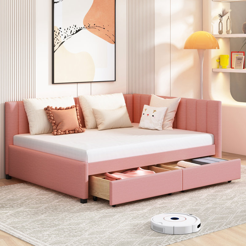 Lit double tapissier pleine grandeur avec 2 tiroirs en lin rose, sans sommier, lit de jour robuste avec rangement en lin rose - un support pour un sommeil paisible