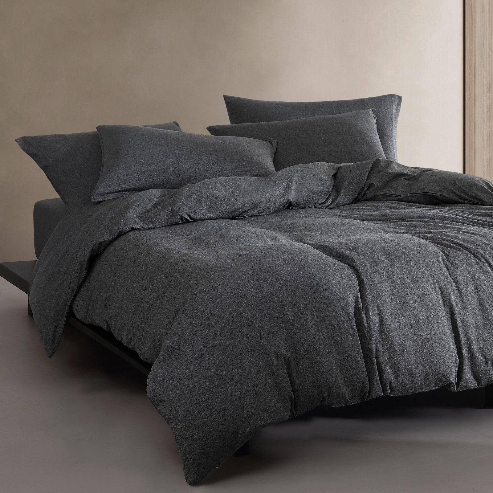 Modern Cotton Melange Cotton Duvet Cover Set, Dark Gray, Queen Duvet Cover +  2 Standard Shams