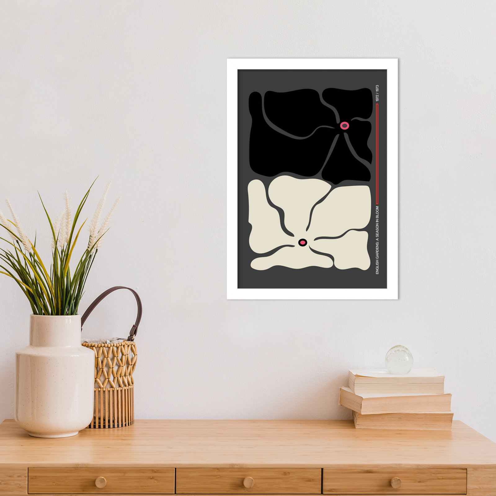 Two by Two Flower Grey Print, White, 17" H x 12" W x 1" D