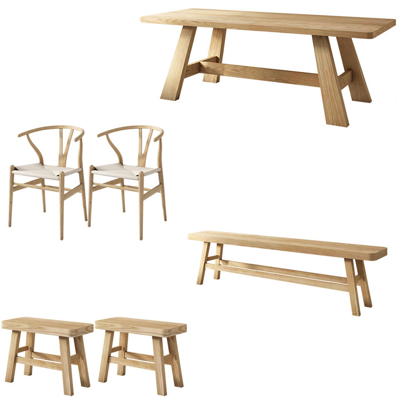 Ensemble de table à manger moderne en bois massif de style japonais, H 29,5 po x L 62,9 po x l 27,5 po