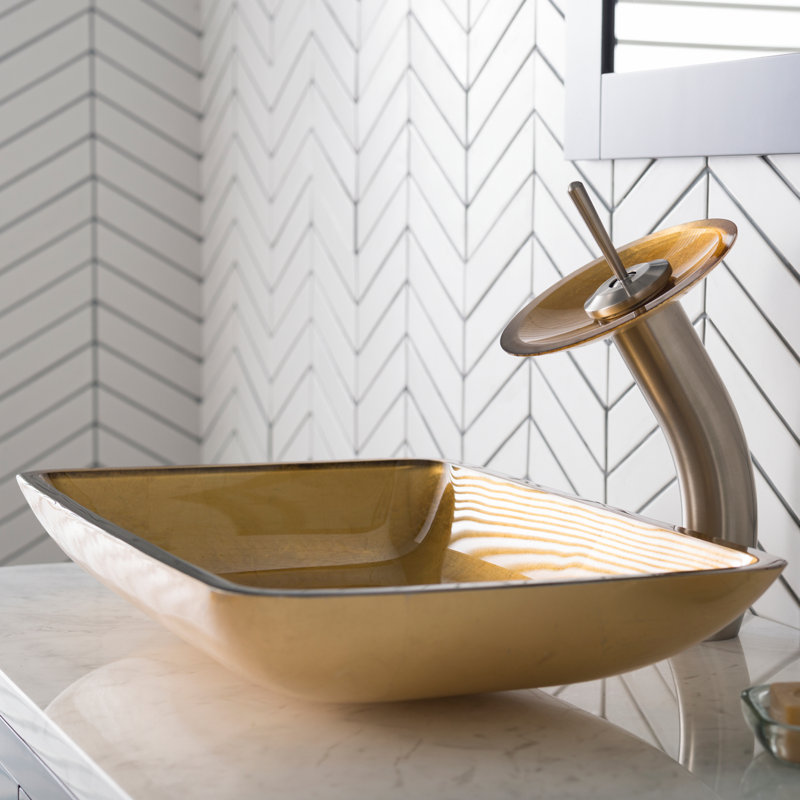 Galaxy Glass Rectangular Vessel Bathroom Sink with Faucet, Satin Nickel, Golden Pearl